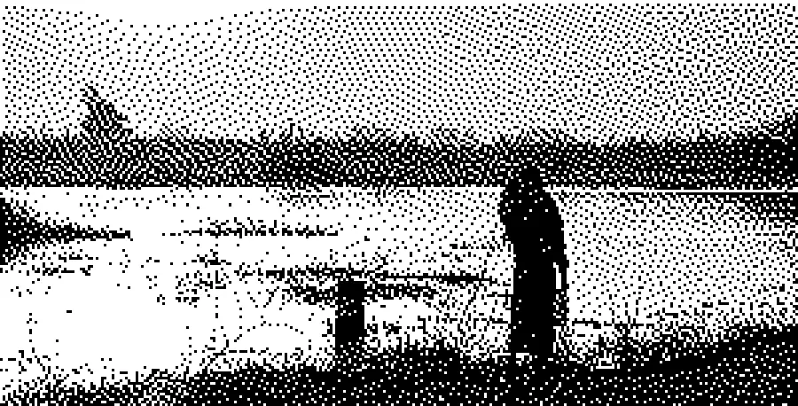 1-Bit Dithering, applied to “Campamento de ganado de la tribu Mundari, Terekeka, Sudán del Sur, 2024-01-28, D”