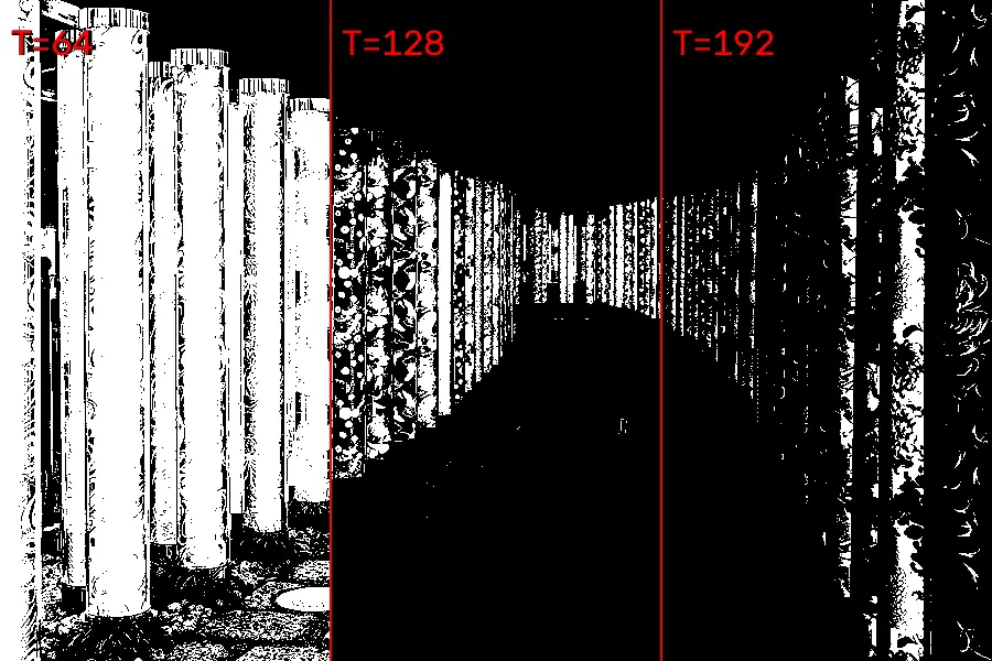 1-Bit Threshold, applied to “Kimono Forest at night, Arashiyama Station, Arashiyama, Kyoto, Japan”