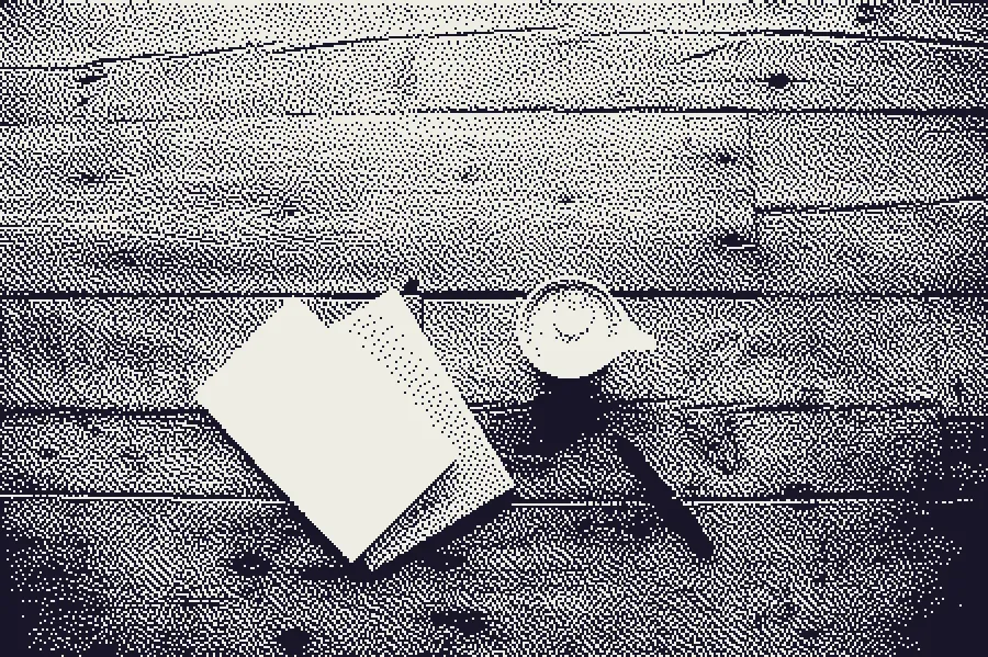 Atkinson Dither, applied to “Coffee, notebooks and pen (Unsplash)”