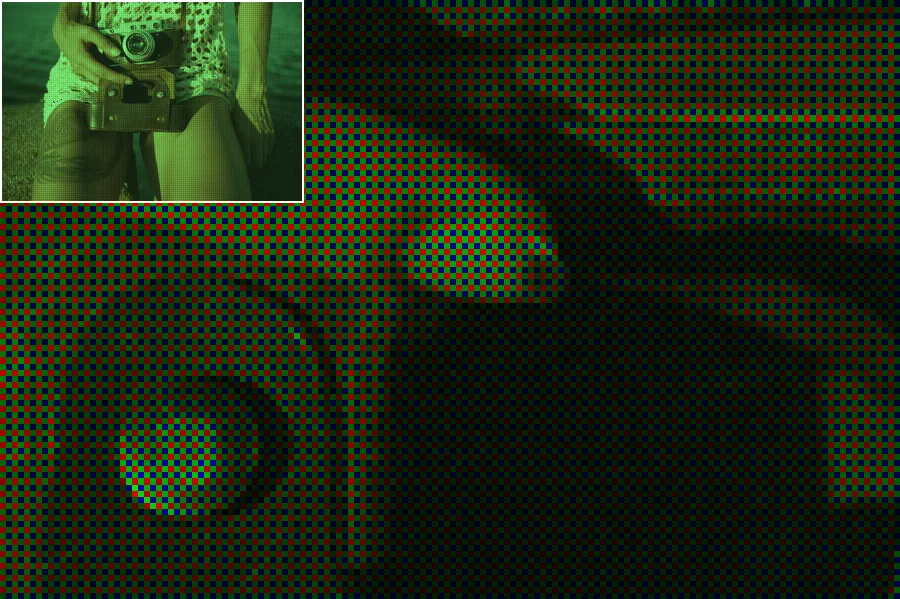 Bayer CFA Mosaic, applied to “Female vintage photographer (Unsplash htYqmybzOcI)”