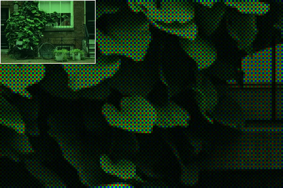 Bayer CFA Mosaic, applied to “BIke and plants with brick (Unsplash)”