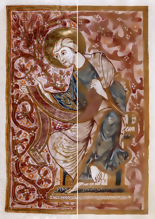 Bilateral Filter, applied to “Full-page portrait of John in gold frame on purple background (NYPL b12455533)”