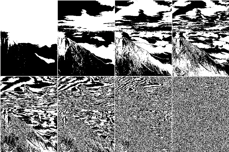 Bit-Plane Slicing, applied to “Mountains and Lake in Bariloche (Unsplash)”