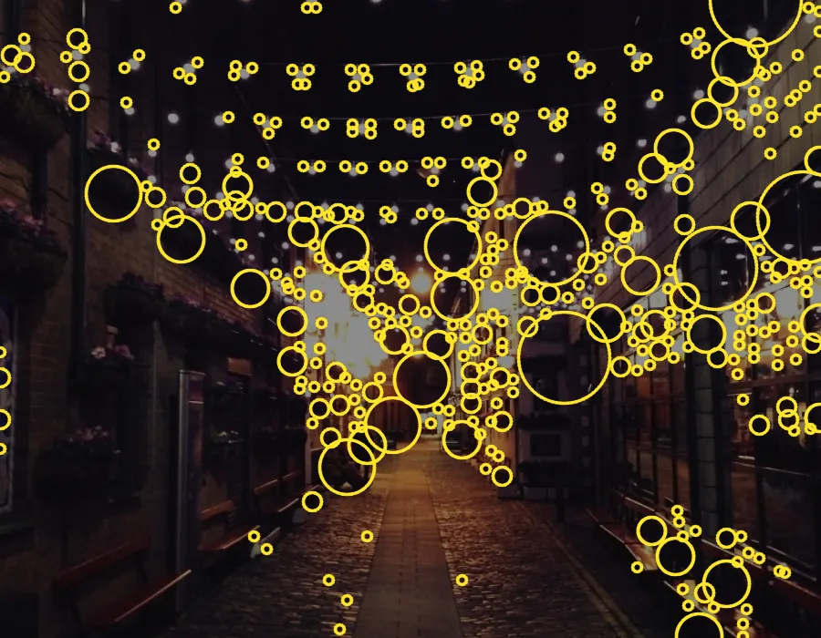 Blob Detection, applied to “StrungLamps@nightAlley”