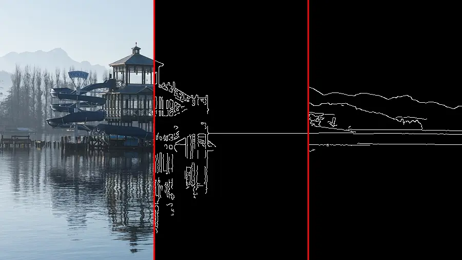Canny Edge Detection, applied to “Poertschach Johannes-Brahms-Promenade Promenadenbad Rutschenturm 25122015 9840 1”
