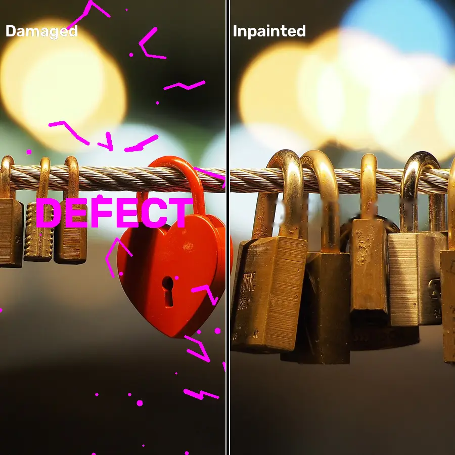 Classical Image Inpainting, applied to “Love padlocks on the Butchers' Bridge (Ljubljana) (cropped)”