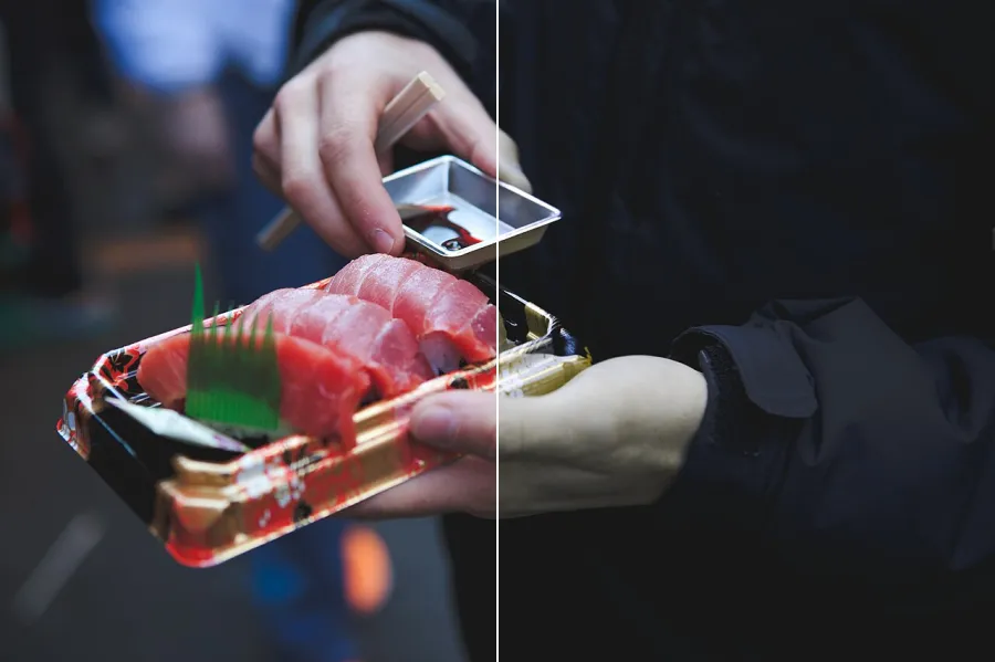 Color-Blindness Simulation, applied to “Sashimi at the Tsukiji Markets - Tokyo Japan (Unsplash)”