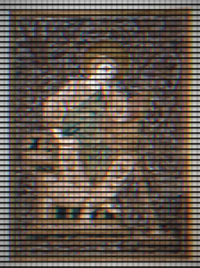 CRT Scanlines, applied to “Full-page portrait of Matthew in gold frame on purple background, with gold, gre”