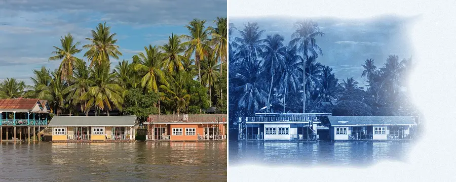 Cyanotype Simulation, applied to “Colorful floating bungalows in Don Khon, Laos”