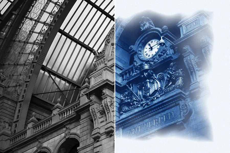 Cyanotype Simulation, applied to “Antwerp Central Station full size”