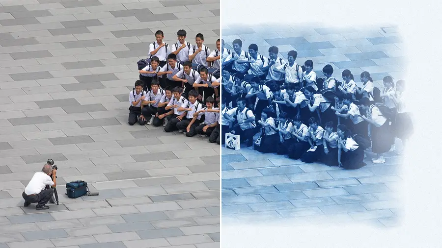 Cyanotype Simulation, applied to “Photographer taking a group photograph of smiling students in front of the Tokyo”