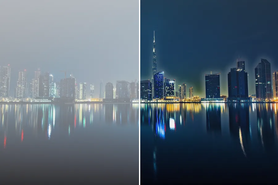 Dark Channel Dehaze, applied to “Dubai skyline unsplash”