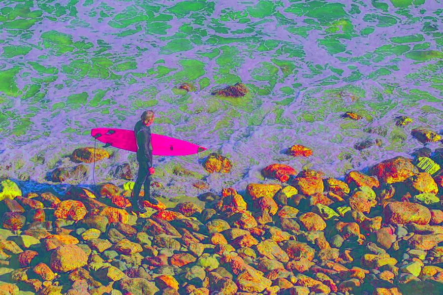 Decorrelation Stretch, applied to “Surfer sizing up the waves at Point Dume State Beach, Malibu (Unsplash)”