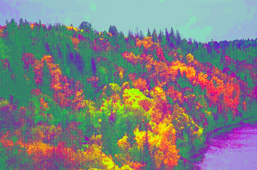 Decorrelation Stretch, applied to “Orange riverbank (Unsplash)”
