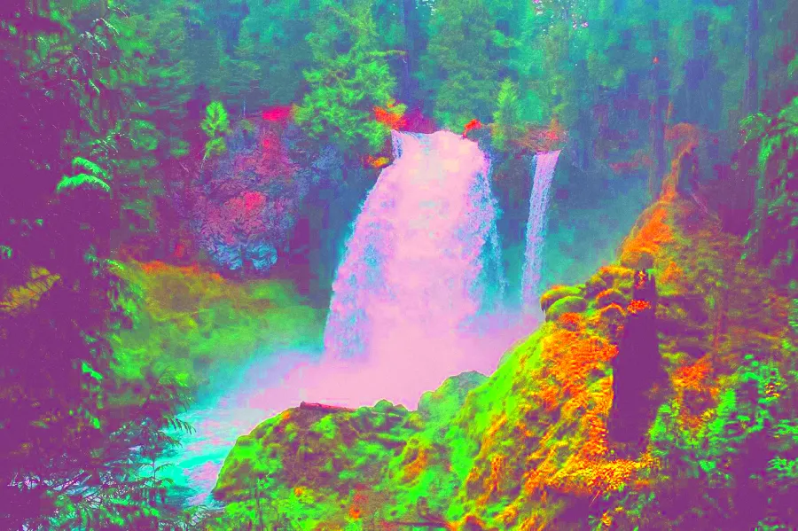 Decorrelation Stretch, applied to “Sahalie Falls (Unsplash)”