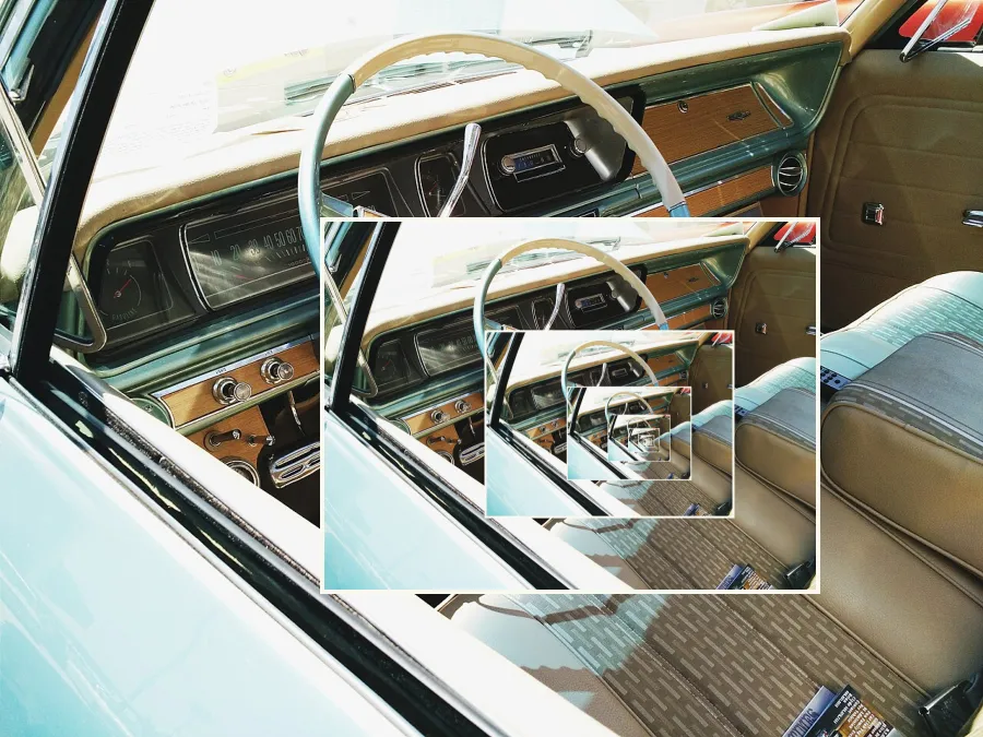 Droste Recursion, applied to “Interior vintage car. (Unsplash VhZwLM6DIdw)”