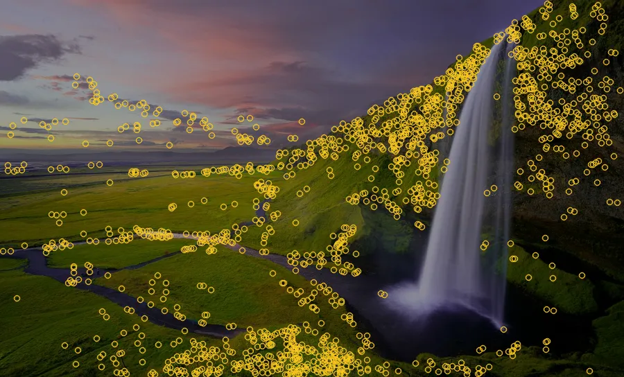 FAST Corners, applied to “Idyllic landscape with a waterfall (Unsplash)”