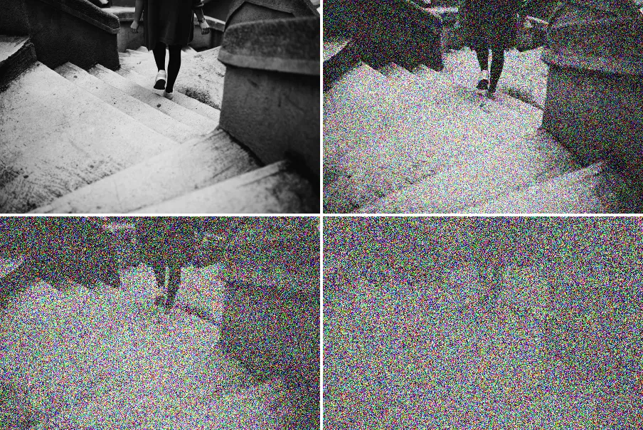 Forward Diffusion Noising, applied to “Galata Stairs, Istanbul (Unsplash)”