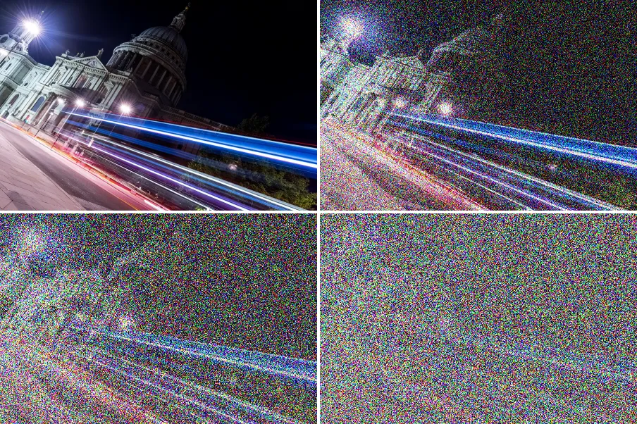 Forward Diffusion Noising, applied to “St Pauls Church traffic lights (Unsplash)”
