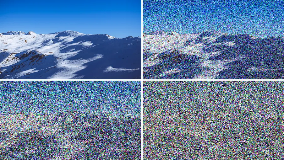 Forward Diffusion Noising, applied to “Snowy mountain in Nelson Lakes National Park (Unsplash)”
