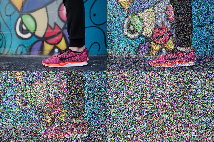 Forward Diffusion Noising, applied to “Womens pink running shoes (Unsplash)”