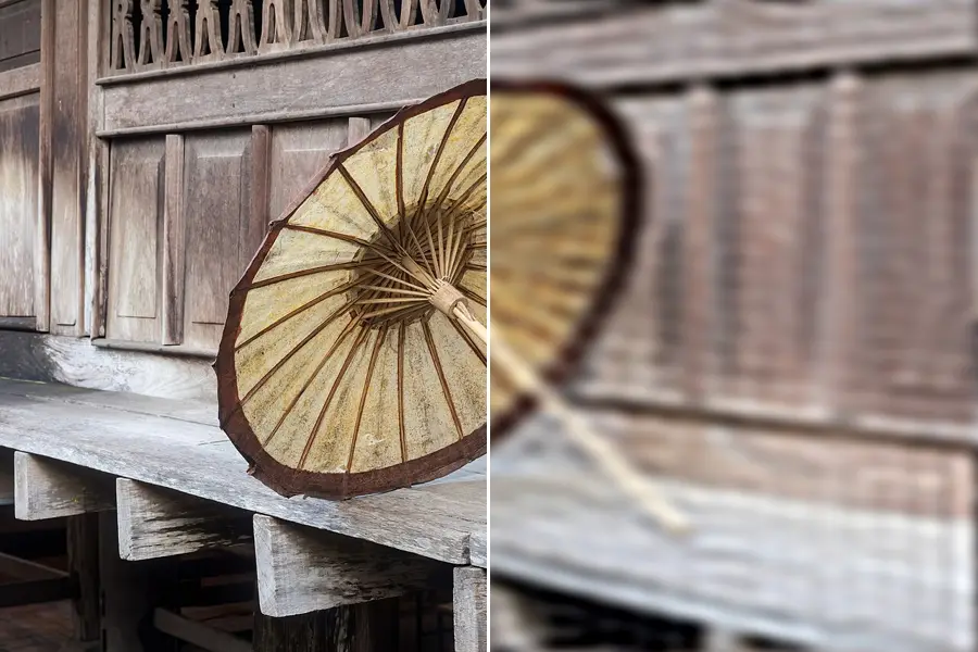 Fourier Low-Pass Filter, applied to “Beige and brown oil-paper umbrella on the edge of a wooden house in Luang Praban”