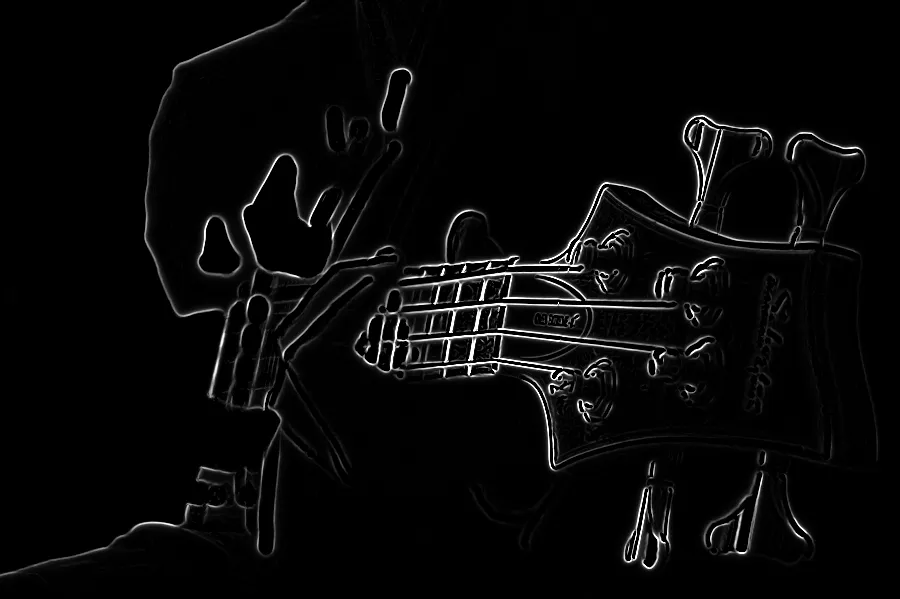 Frangi Ridge Filter, applied to “Hands on a guitar neck (Unsplash)”