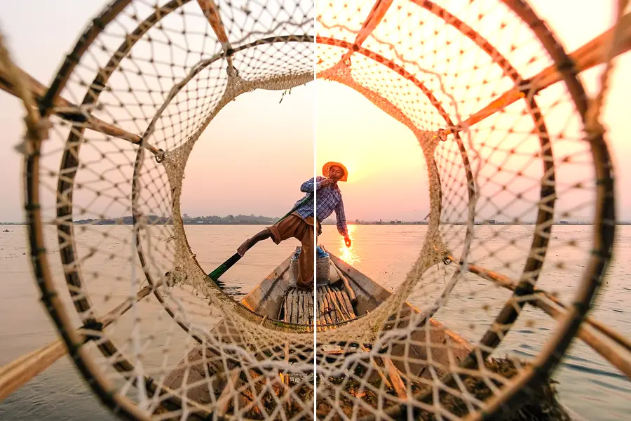 Halation, applied to “Leg Rowing Fisherman Inle Lake Myanmar”