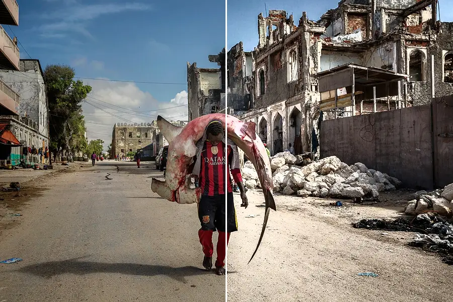 Histogram Equalization, applied to “A man carries a huge hammerhead through the streets of Mogadishu”