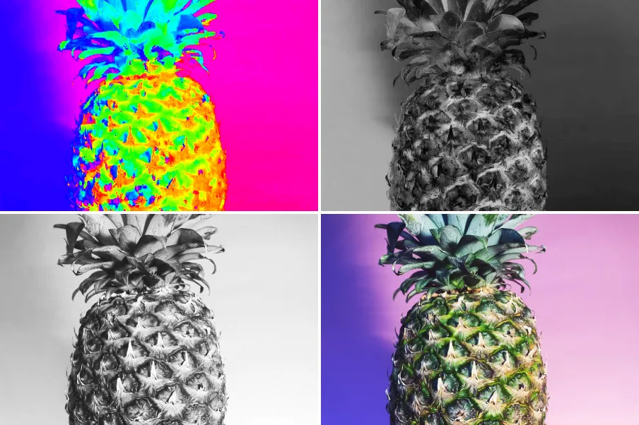 HSV Channel Split, applied to “Pineapple top 1 (Unsplash)”