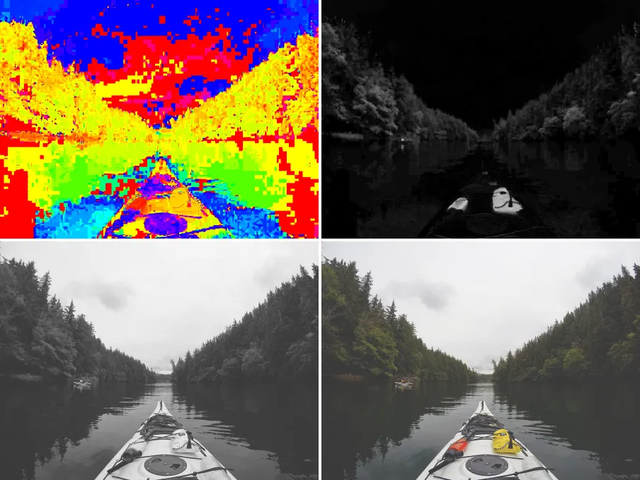 HSV Channel Split, applied to “White kayak on a river (Unsplash)”