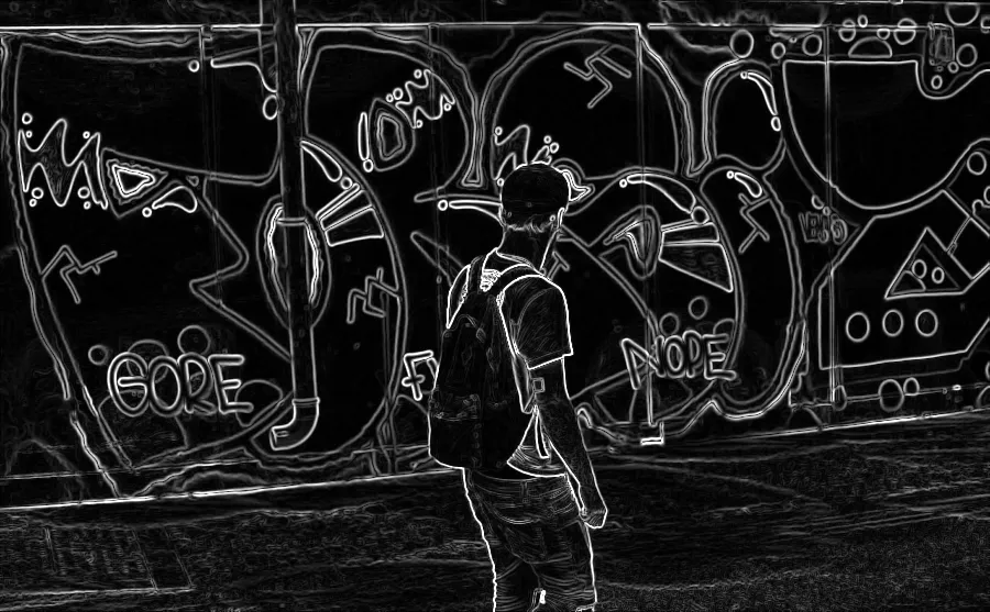 Kirsch Compass Edges, applied to “Man looks at graffiti (Unsplash)”