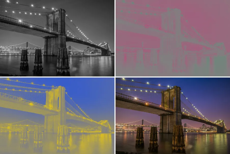 Lab Opponent Channels, applied to “Brooklyn Bridge, New York, United States (Unsplash DiBu1qTQQ8s)”