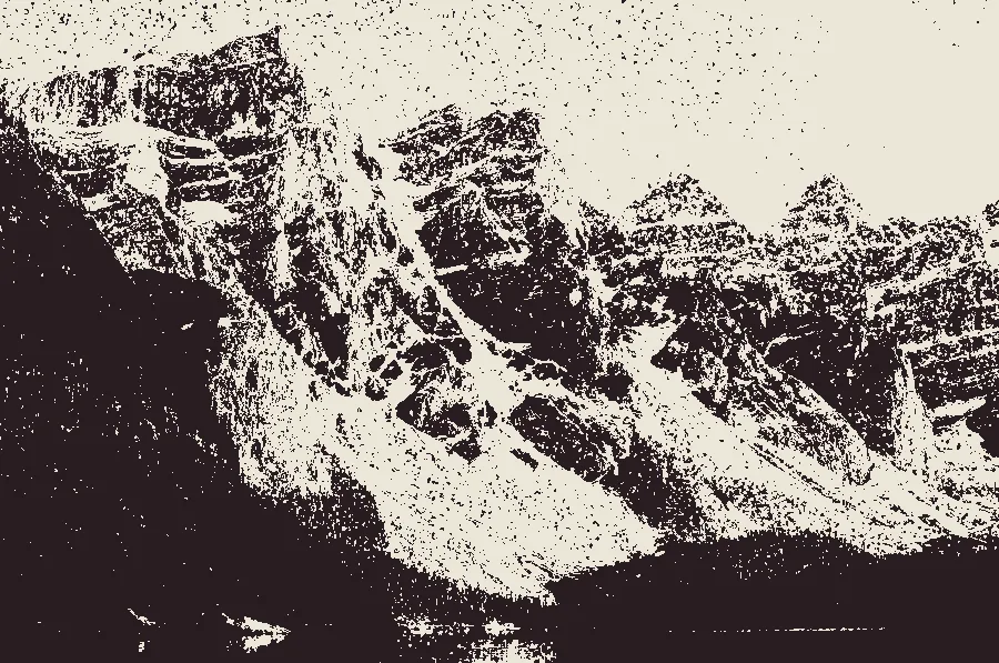 Mezzotint, applied to “Snow covered mountain peaks in Moraine Lake (Unsplash)”