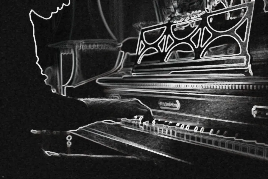 Morphological Gradient, applied to “Vintage piano player (Unsplash)”