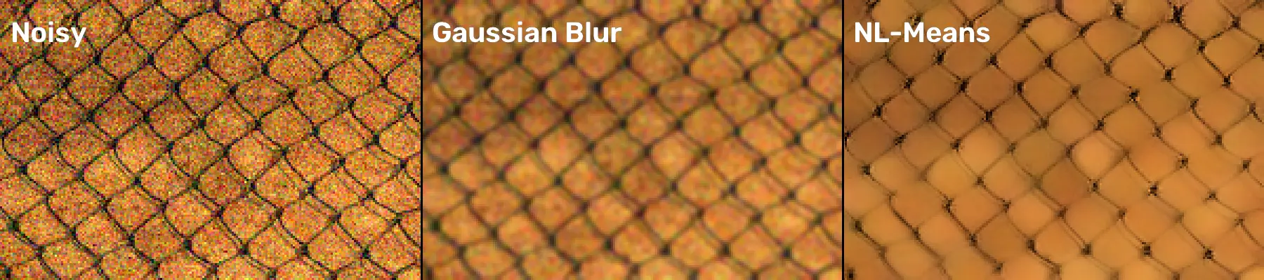 Non-Local Means Denoising, applied to “Orange texture made of a fishing net on a wooden board at golden hour”
