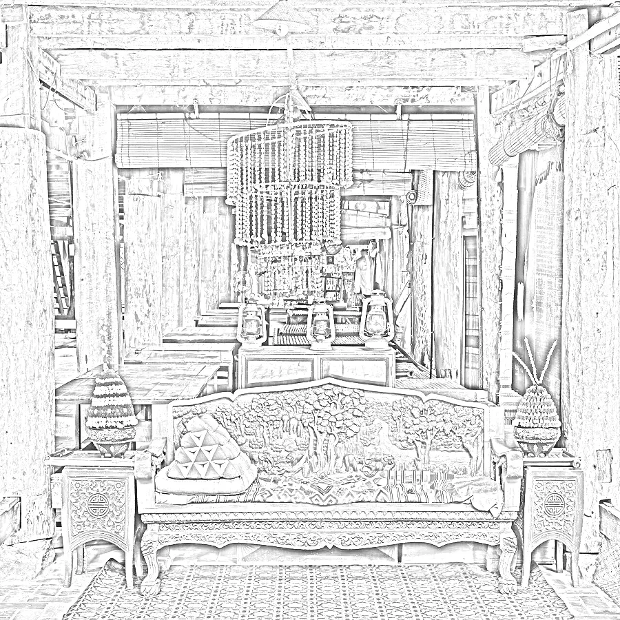 Pencil Sketch, applied to “Carved wooden bench furniture and crafts at Heuan Chan heritage house in Luang P”