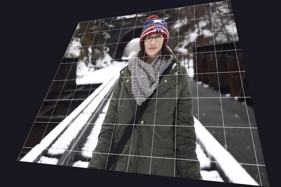 Perspective Warp, applied to “Woman on train tracks (Unsplash)”