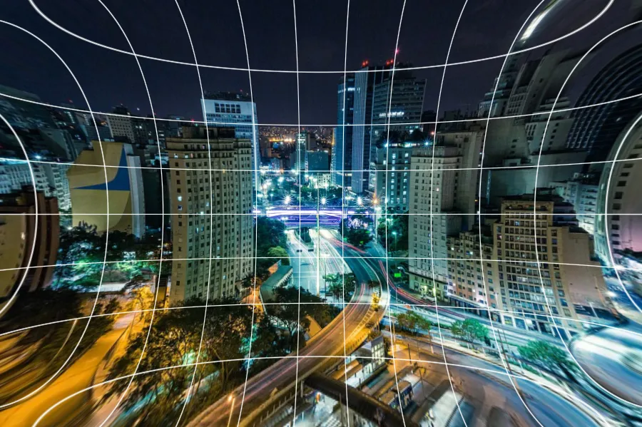 Pincushion Distortion, applied to “Night city traffic (Unsplash)”