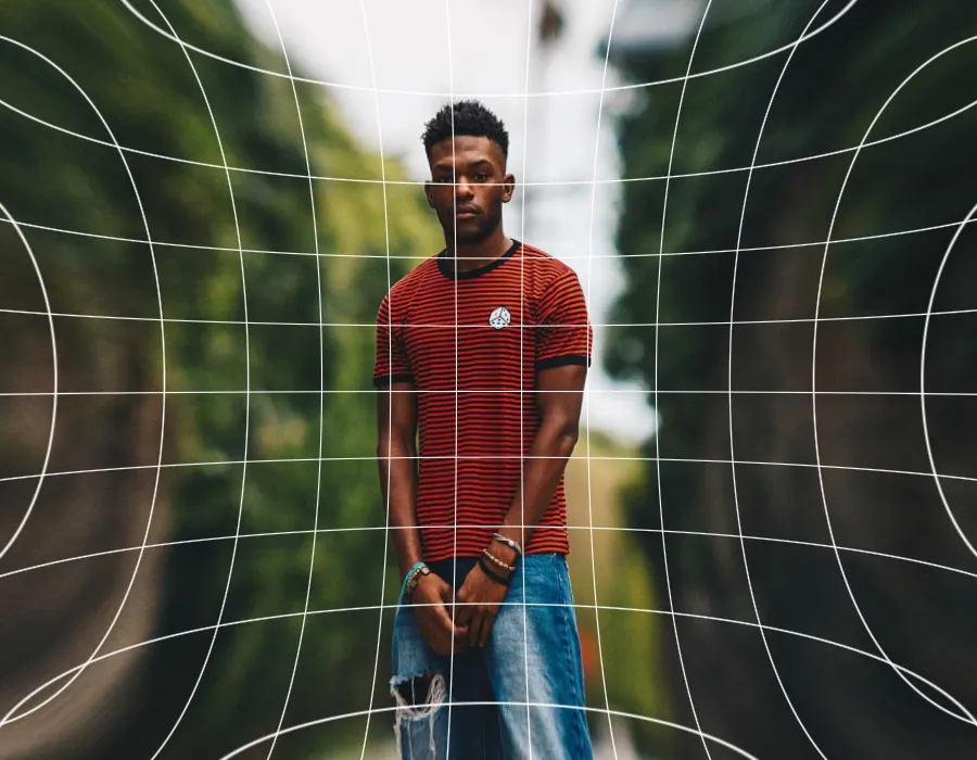 Pincushion Distortion, applied to “Young man at Palm Beach (Unsplash)”