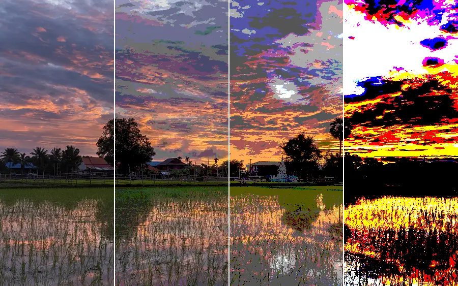 Posterization, applied to “Colorful sky with orange and pink clouds reflecting in the water of a paddy fiel”