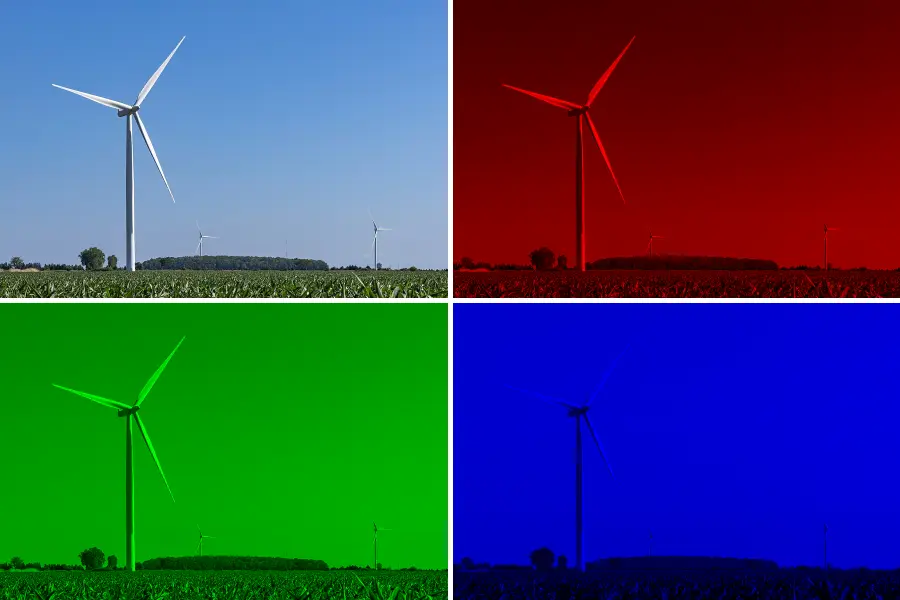 RGB Channel Isolation, applied to “Wind turbines along North Middle Road, Essex County, Ontario, 2025-06-29”