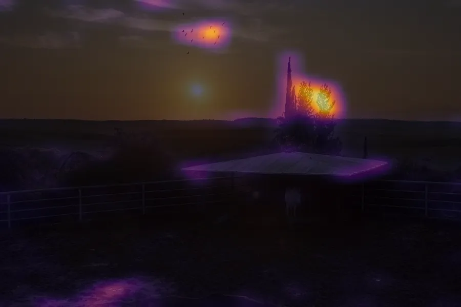 Saliency Map, applied to “Horse under a roof at twilight (Unsplash)”