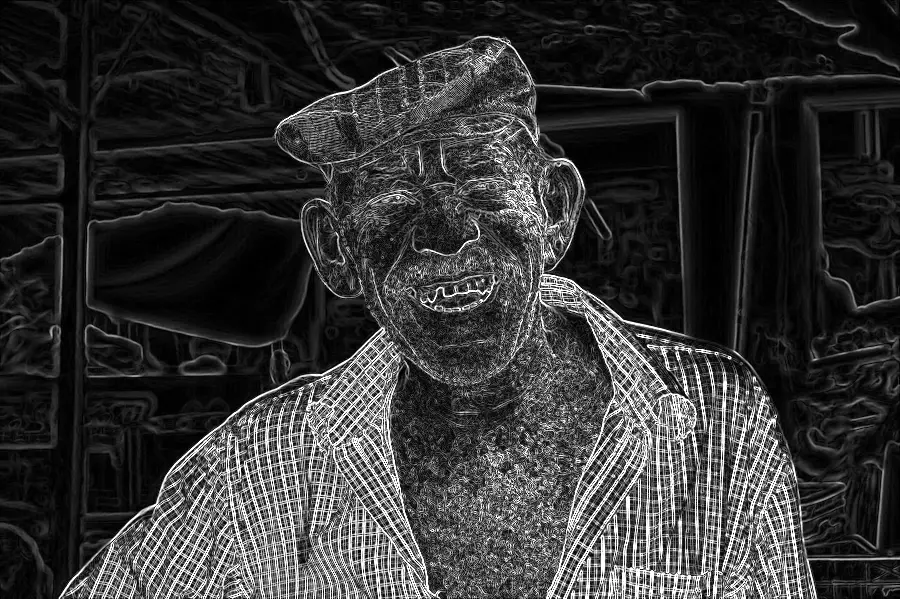 Scharr Filter, applied to “Fishmonger smiling, Maracaibo street market, Venezuela”