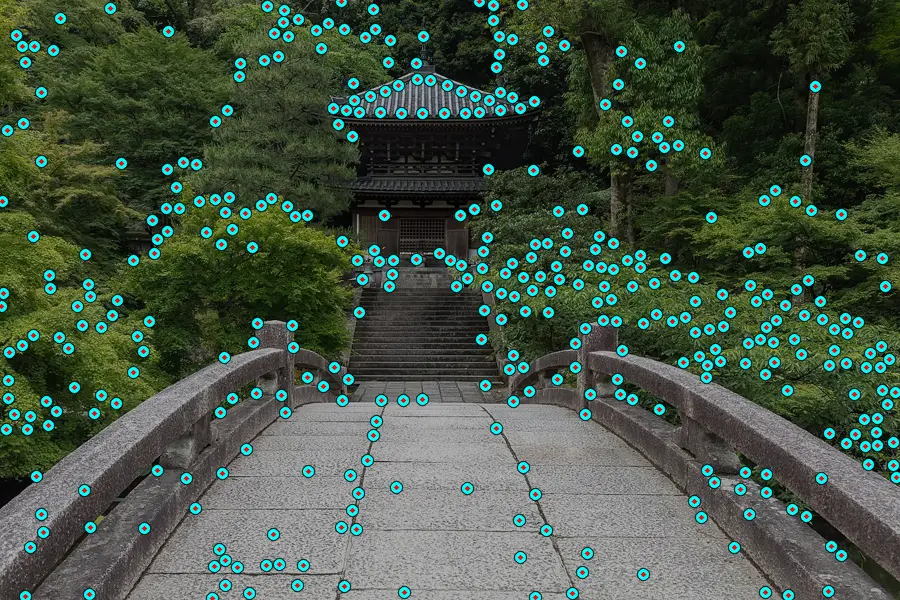Shi–Tomasi Corners, applied to “Stone bridge leading to a cemetery surrounded by trees in the compounds of Chion”