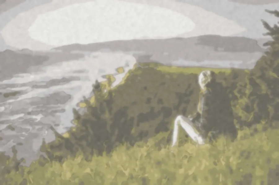 Watercolor Wash, applied to “Woman on a slope by the shore (Unsplash)”