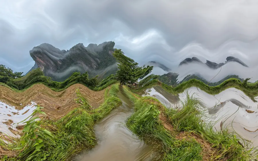 Wave Displacement, applied to “Front view of a stream with a tree as vanishing point, mountains and mist in the”